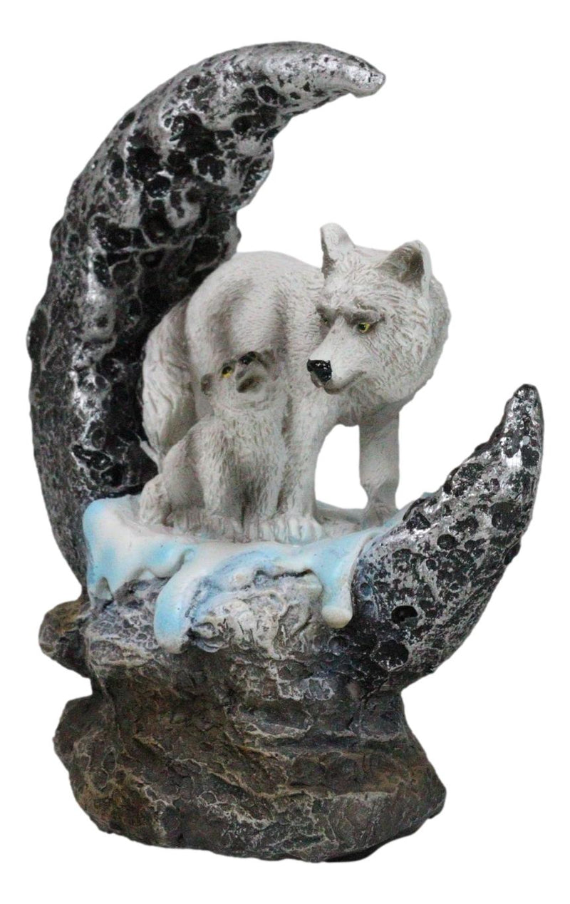 Winter Snow White Wolf With Pup Cub By Snowy Crater Crescent Moon Figurine