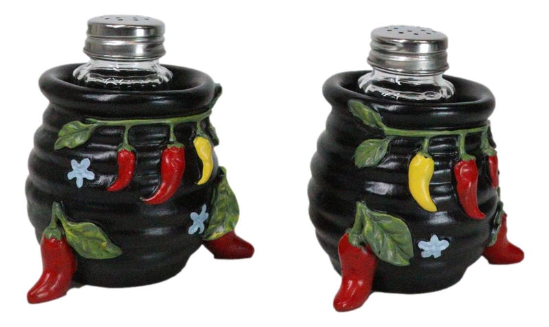 Southwestern Pot Of Chili Peppers Canister Jars Salt Pepper Shakers Holder Set