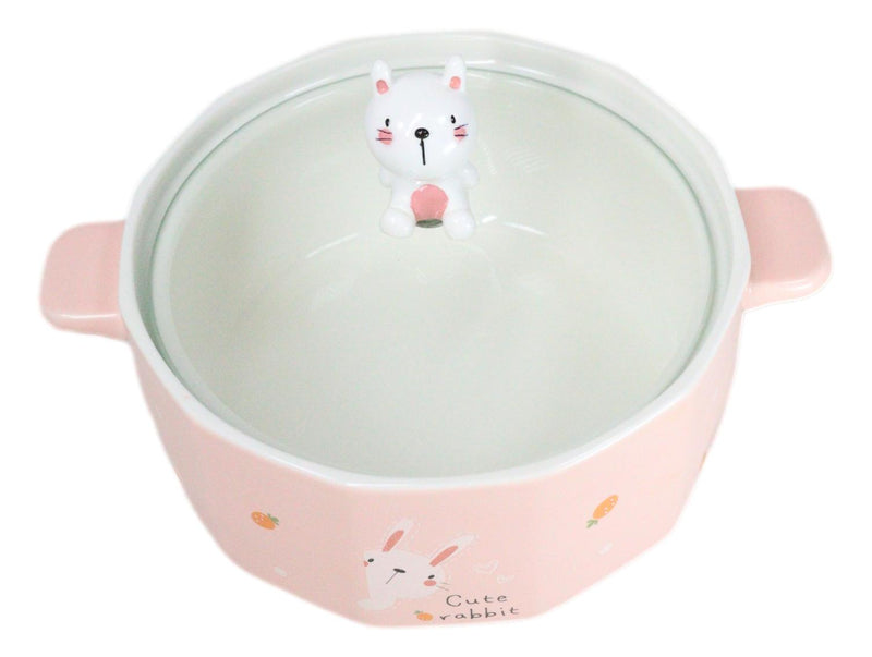 Ceramic Pink Rabbit With Carrots 30oz Noodle Dessert Food Bowl W/ Glass Lid