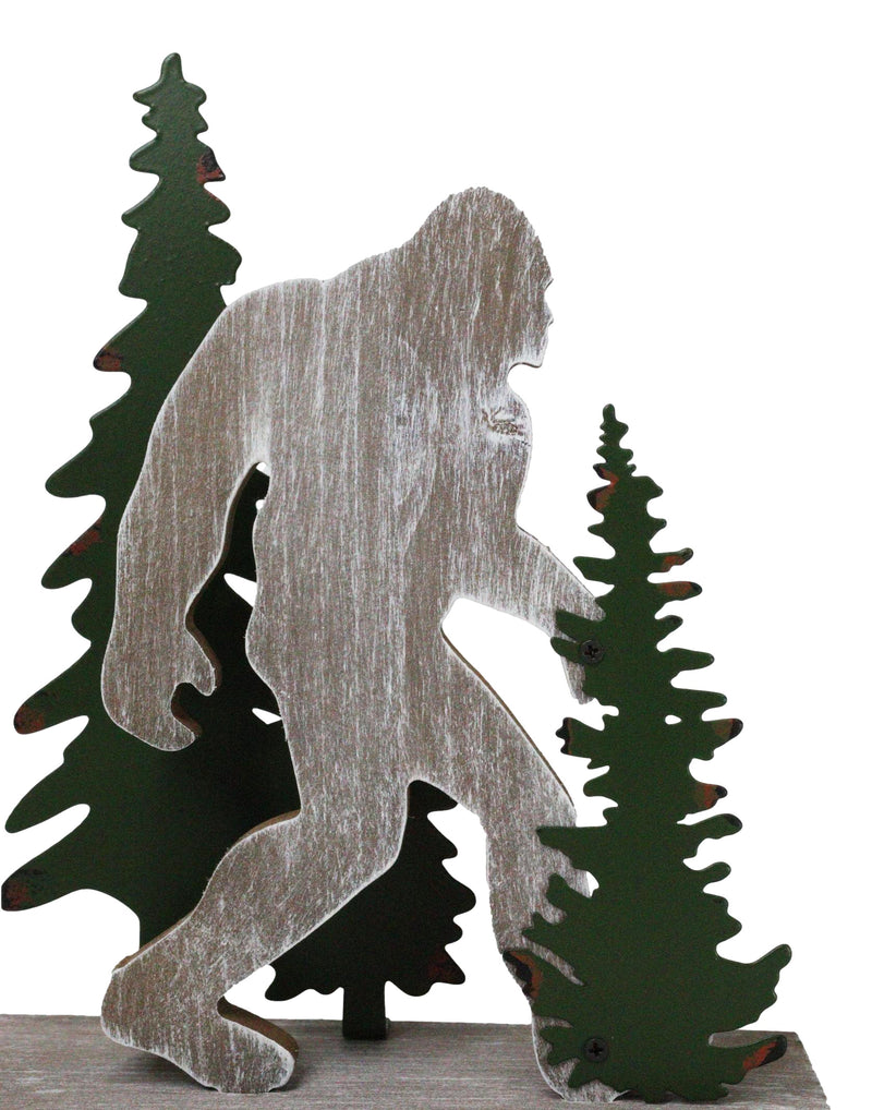 Myth Legend Sasquatch Big Foot by Pine Trees Wooden Silhouette Cutout Sculpture