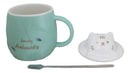 Whimsical Green Chubby Feline Kitty Cat Cup Mug With Lid And Stirring Spoon