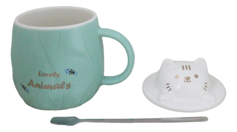 Whimsical Green Chubby Feline Kitty Cat Cup Mug With Lid And Stirring Spoon