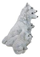 Winter Snow White Wolf Mother And Father Sitting With 3 Cubs Family Figurine