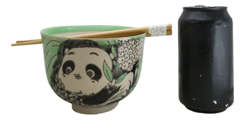 Green Lucky Panda With Flowers Ceramic Donburi Ramen Bowl With Chopsticks Set