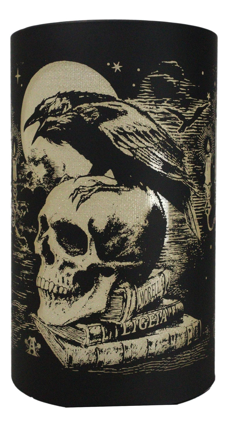 Gothic Poe's Raven On Skull And Books Of Bibliography LED Etched Glass Lantern