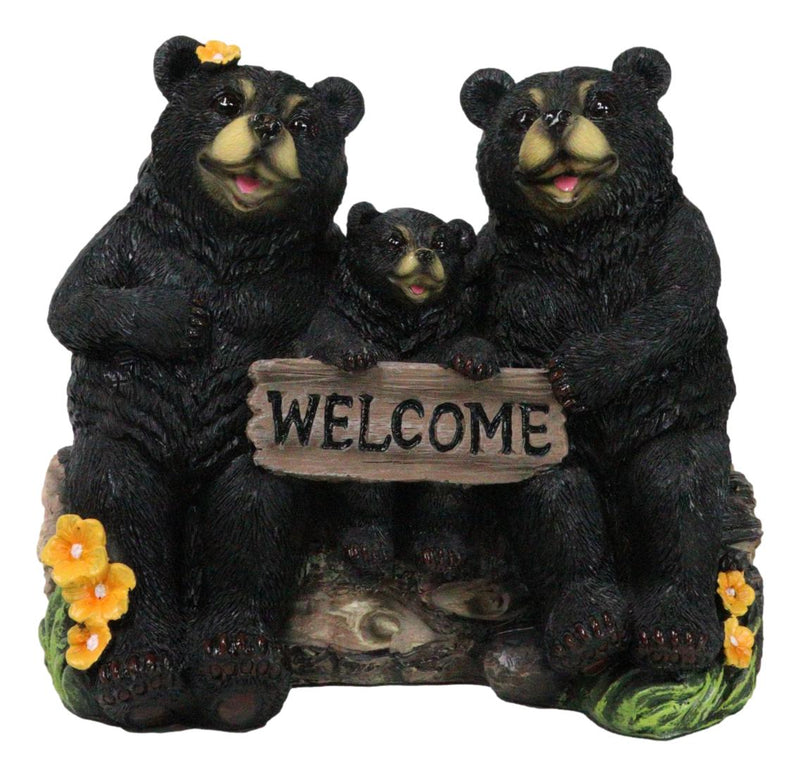 Papa Mama Black Bears and Cub Sitting On Log with Welcome Plank Sign Figurine