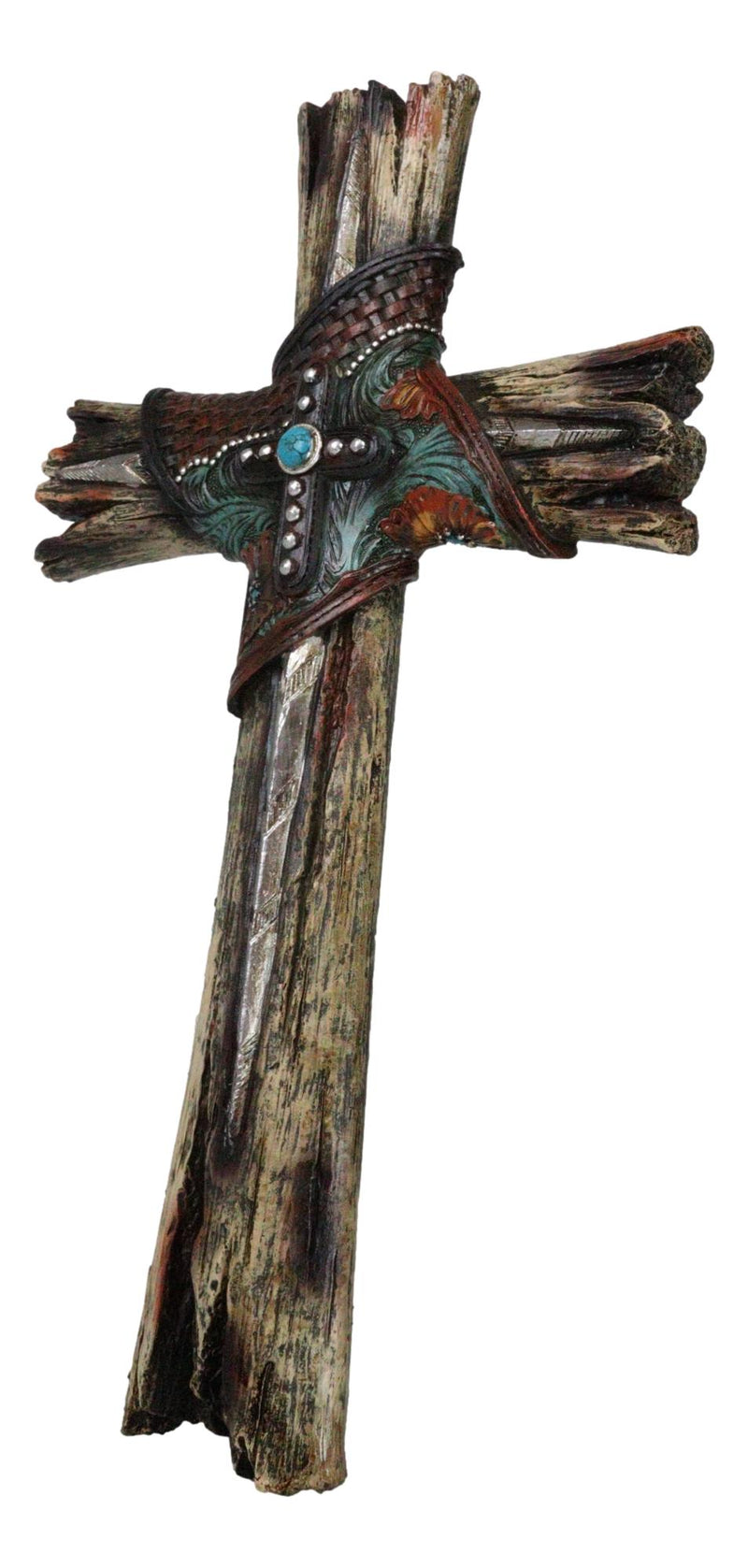 Rustic Western Faux Wood Floral Tooled Leather With Turquoise Rock Wall Cross