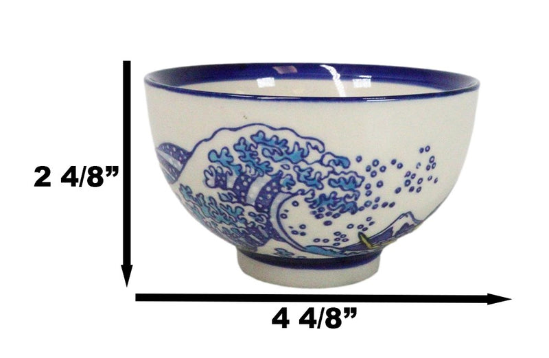 Pack Of 4 Blue Japanese Hokusai Great Wave Design Ceramic Thick Large Rice Bowls