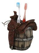 Rustic Western Faux Leather Cowboy Horse Saddle On Barrel Toothbrush Holder