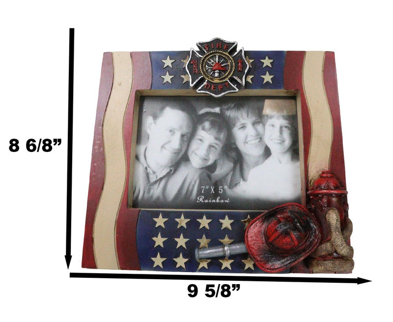 Patriotic Maltese Cross Fireman Helmet Hose Fire Hydrant USA Flag Picture Frame