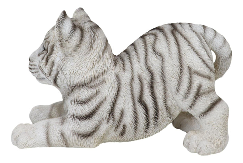 Realistic White Alaskan Siberian Tiger Cub Crouching Decorative Statue 12"L