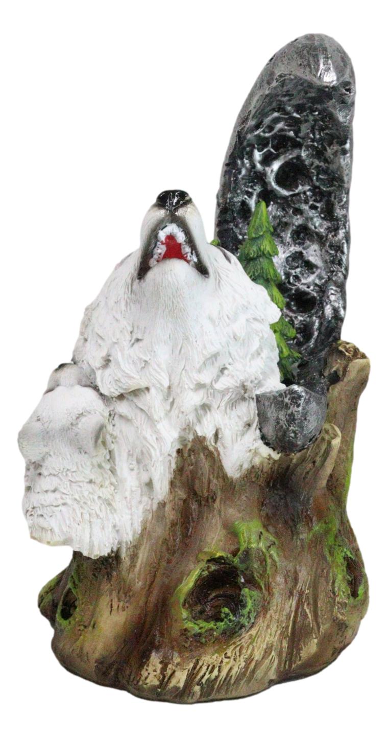 Winter Pine Forest Howling Snow White Wolf Mother And Cub With LED Moon Figurine