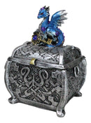 Metallic Blue Ocean Dragon Holding Rune Key On Treasure Chest Trinket Box