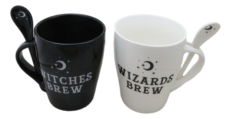 Set Of 2 Wicca Moons Black Witches And White Wizards Brew Cup Mugs And Spoons