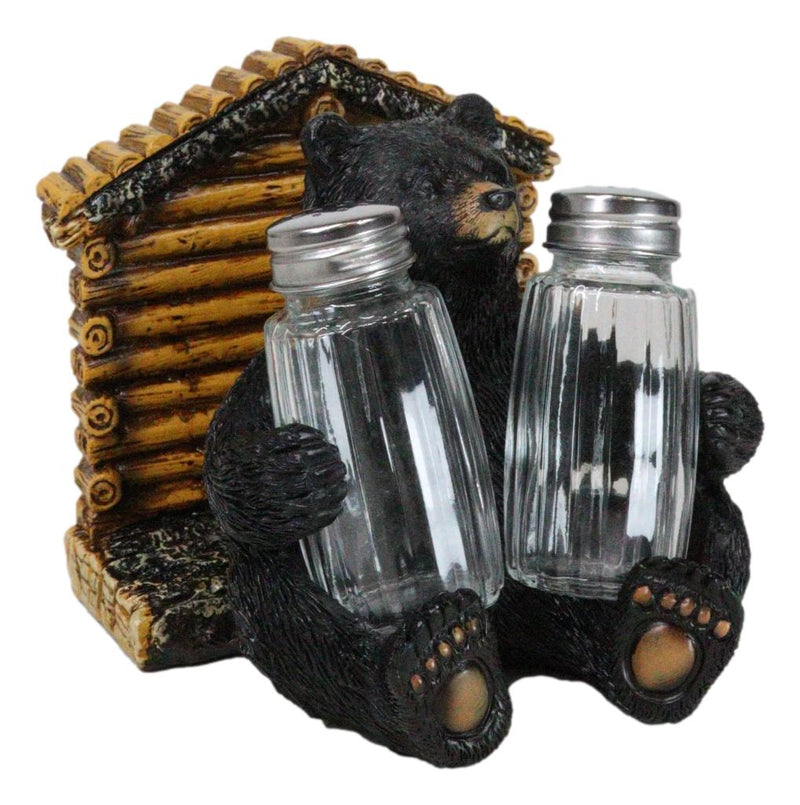 Forest Black Bear By Wooden Lodge Napkin And Glass Salt Pepper Shakers Holder