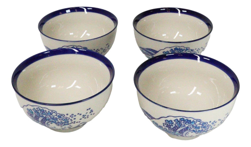 Pack Of 4 Blue Japanese Hokusai Great Wave Design Ceramic Thick Large Rice Bowls