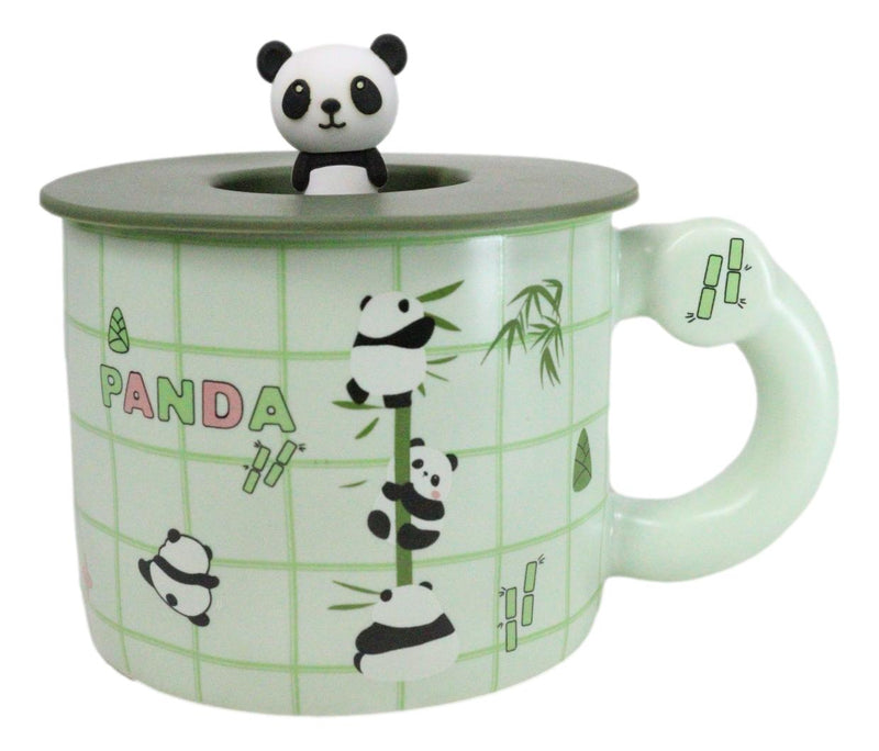 Green Panda Bears Climbing On Bamboo Mug With Anime Panda Figurine Handle Lid