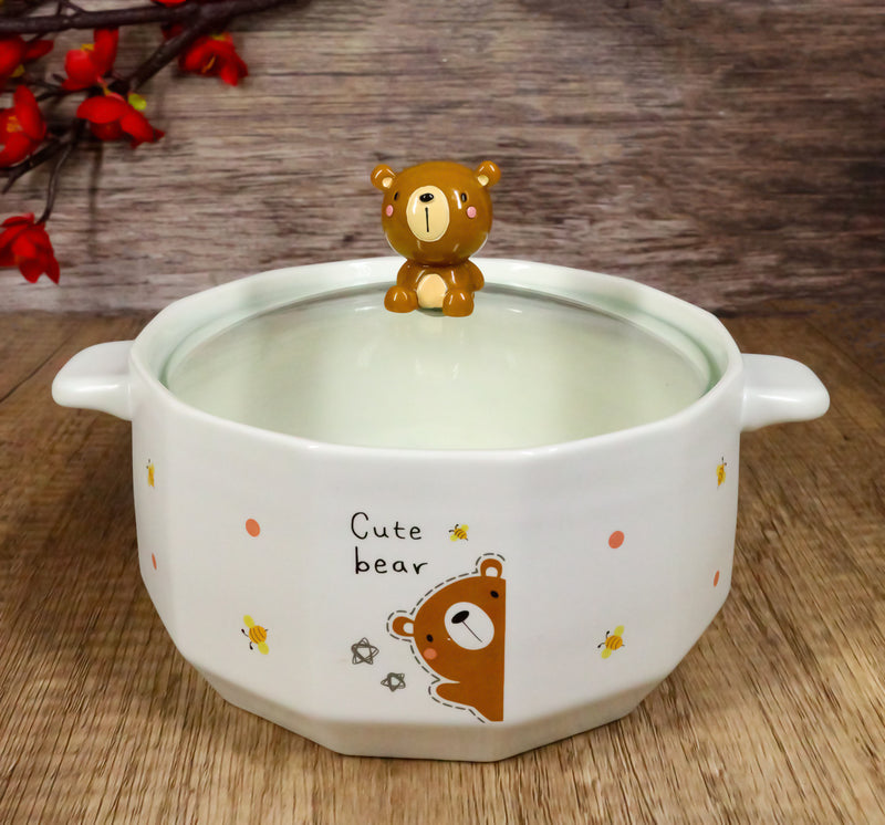 Ceramic Whimsical Honey Bees Bear 30oz Noodle Dessert Food Bowl W/ Glass Lid