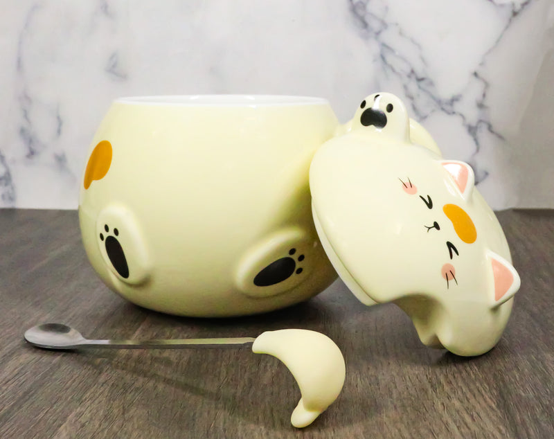 Whimsical Yellow Chubby Feline Kitty Cat Cup Mug With Lid And Stirring Spoon