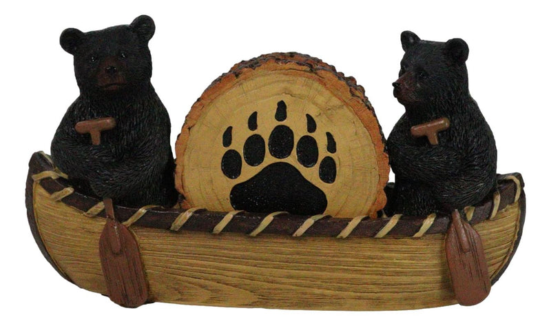 Rustic Forest Black Bears Rowing in Canoe Boat Bear Paw Tree Ring Coaster Set