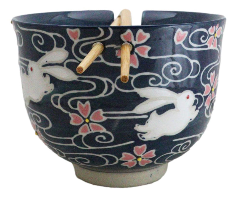 White Rabbit With Sakura Blossoms Ceramic Donburi Ramen Bowl With Chopsticks Set