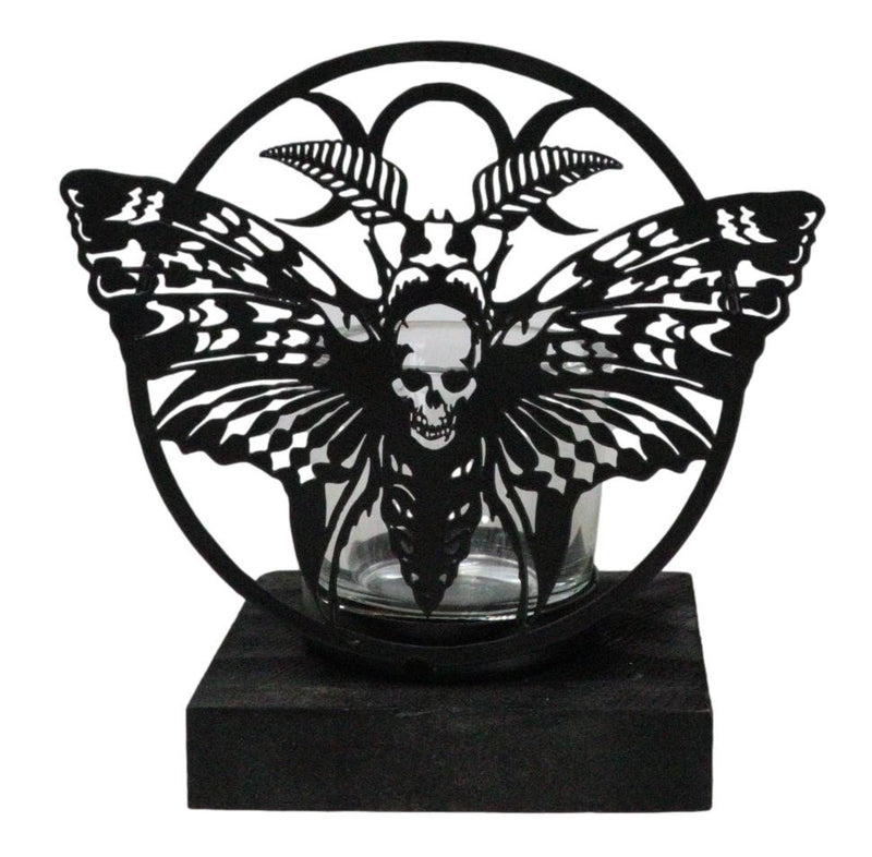 Death's Head Skull Moth Triple Moon Coated Metal Votive Tea Light Candle Holder