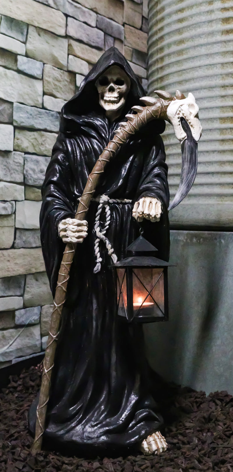 Time Waits For No Man Grim Reaper Holding Scythe And Solar LED Lantern Statue