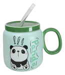 Whimsical Anime Green Giant Panda 16oz Ceramic Mug Cup With Lid And Glass Straw