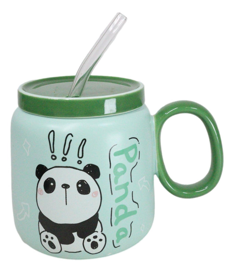 Whimsical Anime Green Giant Panda 16oz Ceramic Mug Cup With Lid And Glass Straw