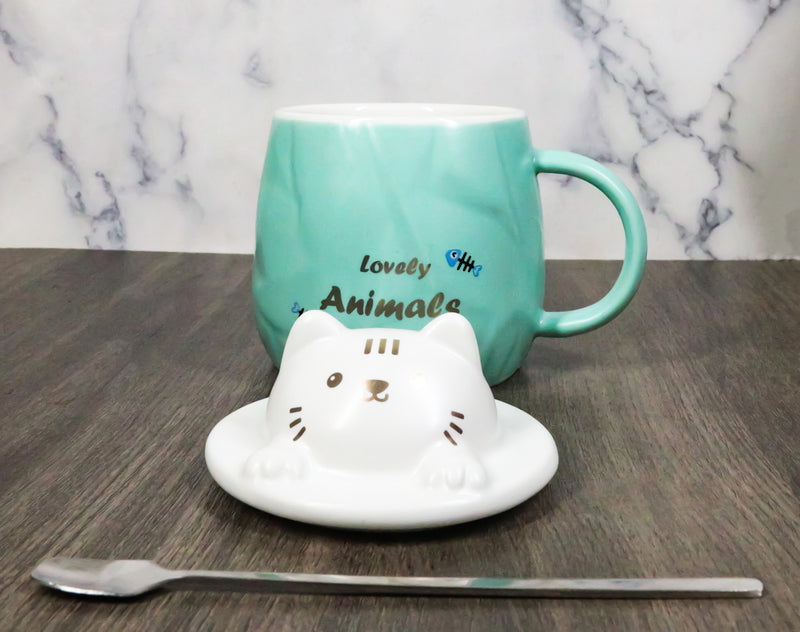 Whimsical Green Chubby Feline Kitty Cat Cup Mug With Lid And Stirring Spoon