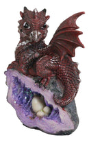 Adorable Quartzite Red Baby Dragon On Faux Geode Fossil Cove With Eggs Figurine