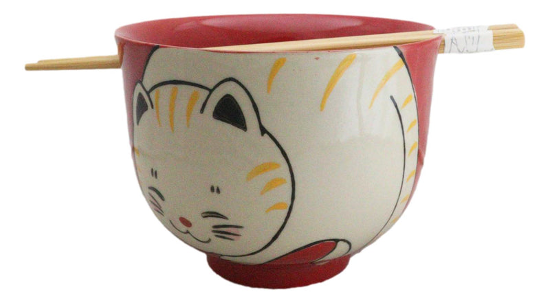 Red Cute Chubby Kitty Cat Ceramic Donburi Ramen Bowl With Chopsticks Set