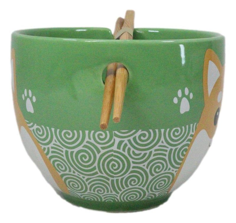 Green Japanese Shiba Inu Dog Ceramic Donburi Ramen Soup Bowl With Chopsticks Set