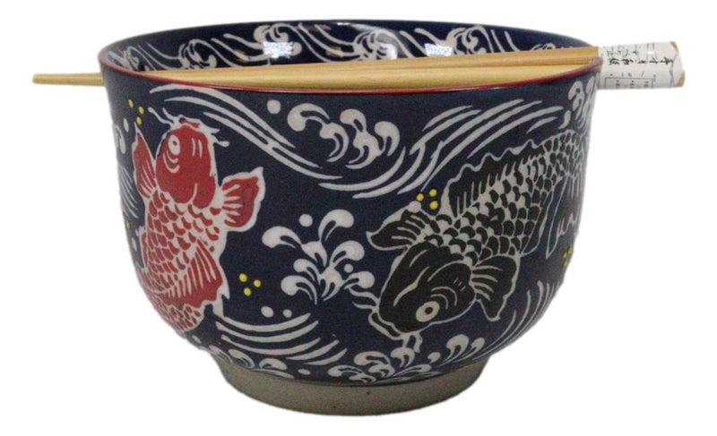 Blue Red And Black Koi Fishes Large 24Oz Donburi Ramen Bowl With Chopsticks Set