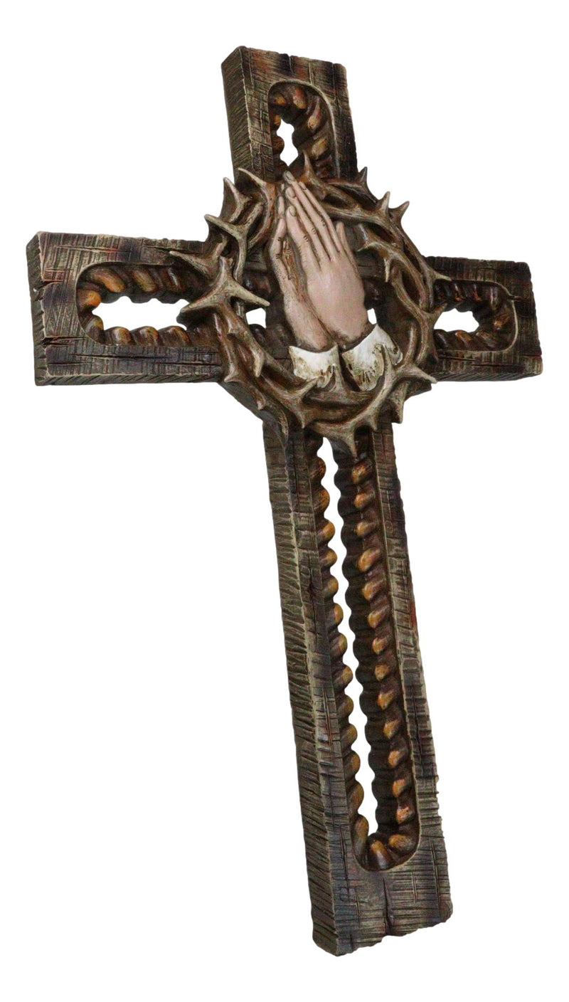 Praying Hands With Crown of Thorns Faux Wooden Rustic Cutout Wall Cross