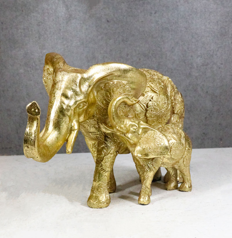 Royal Gold Mandala Ornate Design Elephant and Calf with Trunks Up Figurine