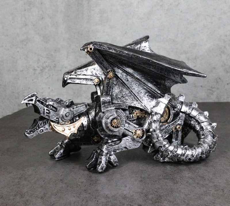 Roaring Steampunk Silver Robotic Cyborg Winged Geared Clockwork Dragon Figurine