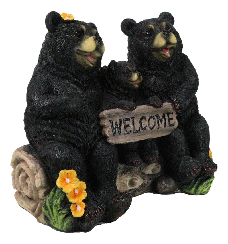 Papa Mama Black Bears and Cub Sitting On Log with Welcome Plank Sign Figurine