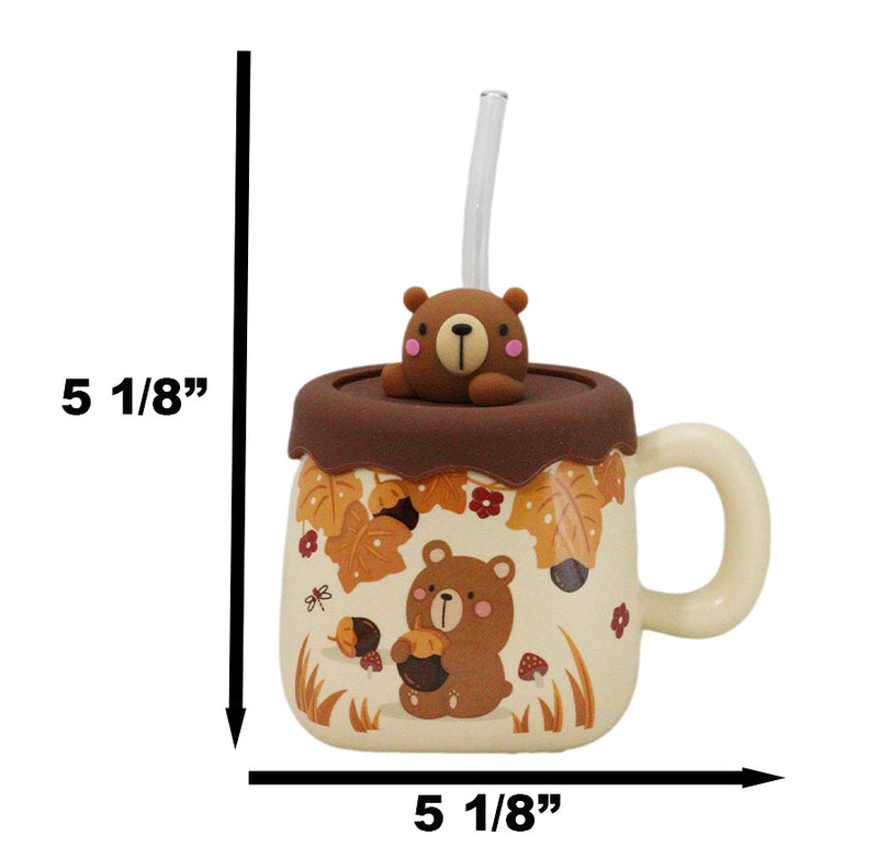 Whimsical Autumn Leaves Brown Bear Cub Ceramic Mug With Silicone Lid And Straw