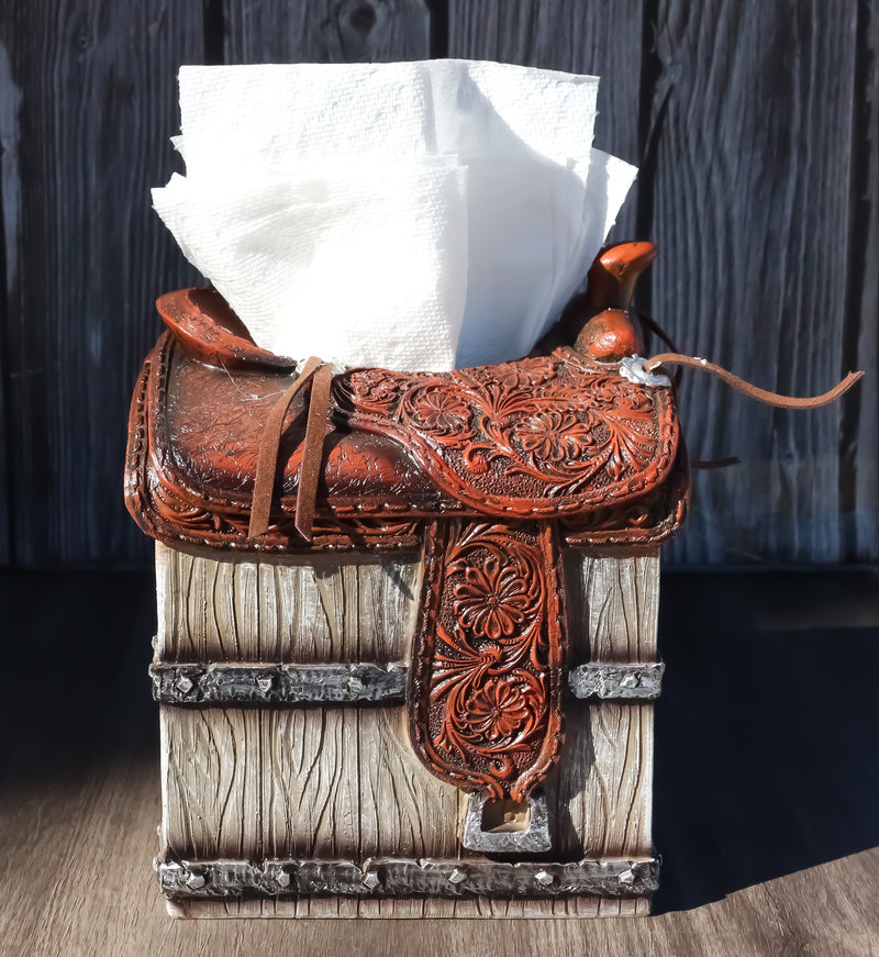 Rustic Western Faux Leather Cowboy Horse Saddle On Crate Tissue Box Holder Cover