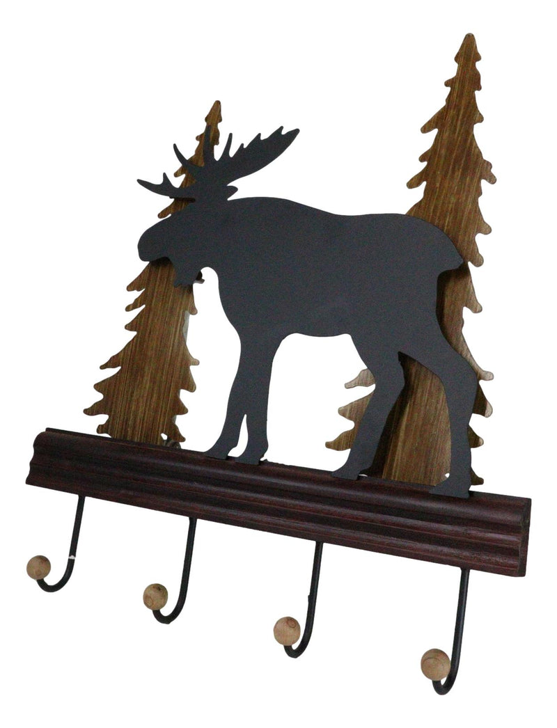 Rustic Western Elk Moose Deer Roaming Pine Forest 4-Peg Wooden Wall Hooks Plaque