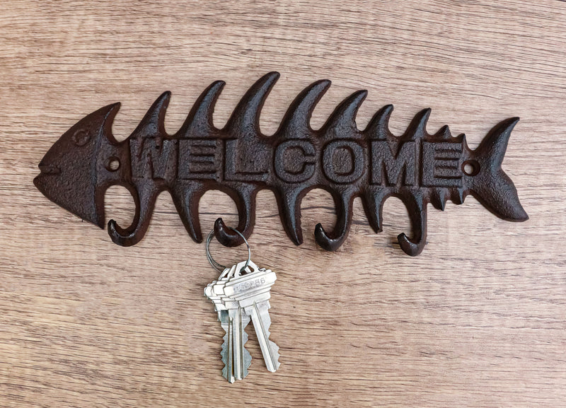 Cast Iron Rustic Fishbone Fish Bone Marine Coastal 4 Pegs Wall Hook Welcome Sign