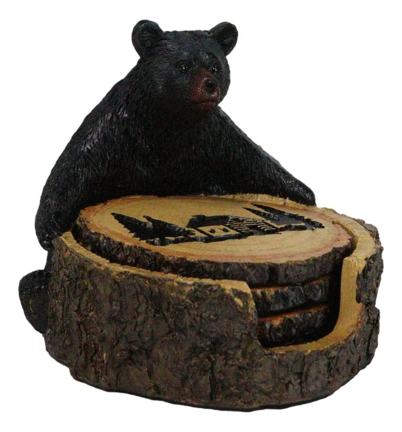 Western Rustic Forest Black Bear Hugging Tree Ring Coasters And Holder Set