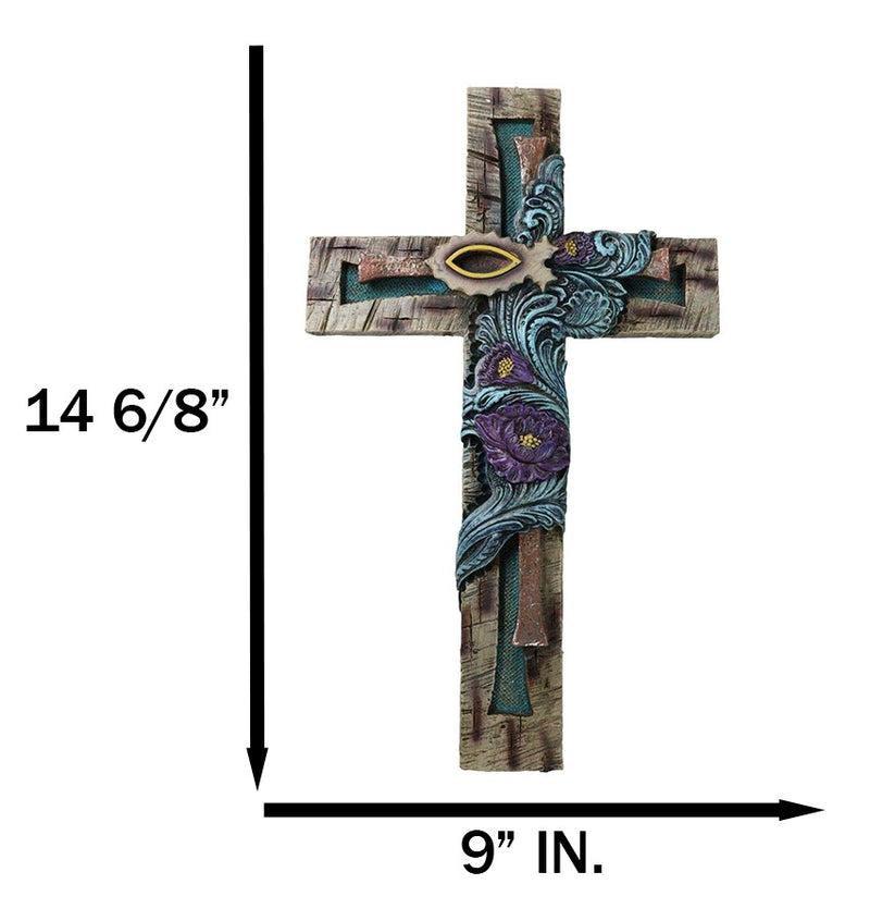 Rustic Turquoise Floral Blooms Ichthys Jesus Fish Symbol Faux Wooden Wall Cross