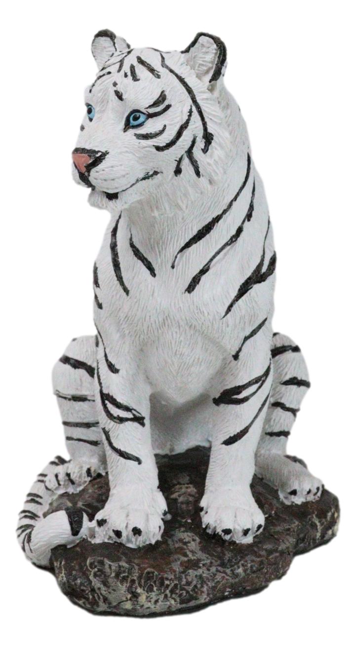 Rainforest Jungle Apex Predator White Bengal Tiger Sitting On Rock Figurine