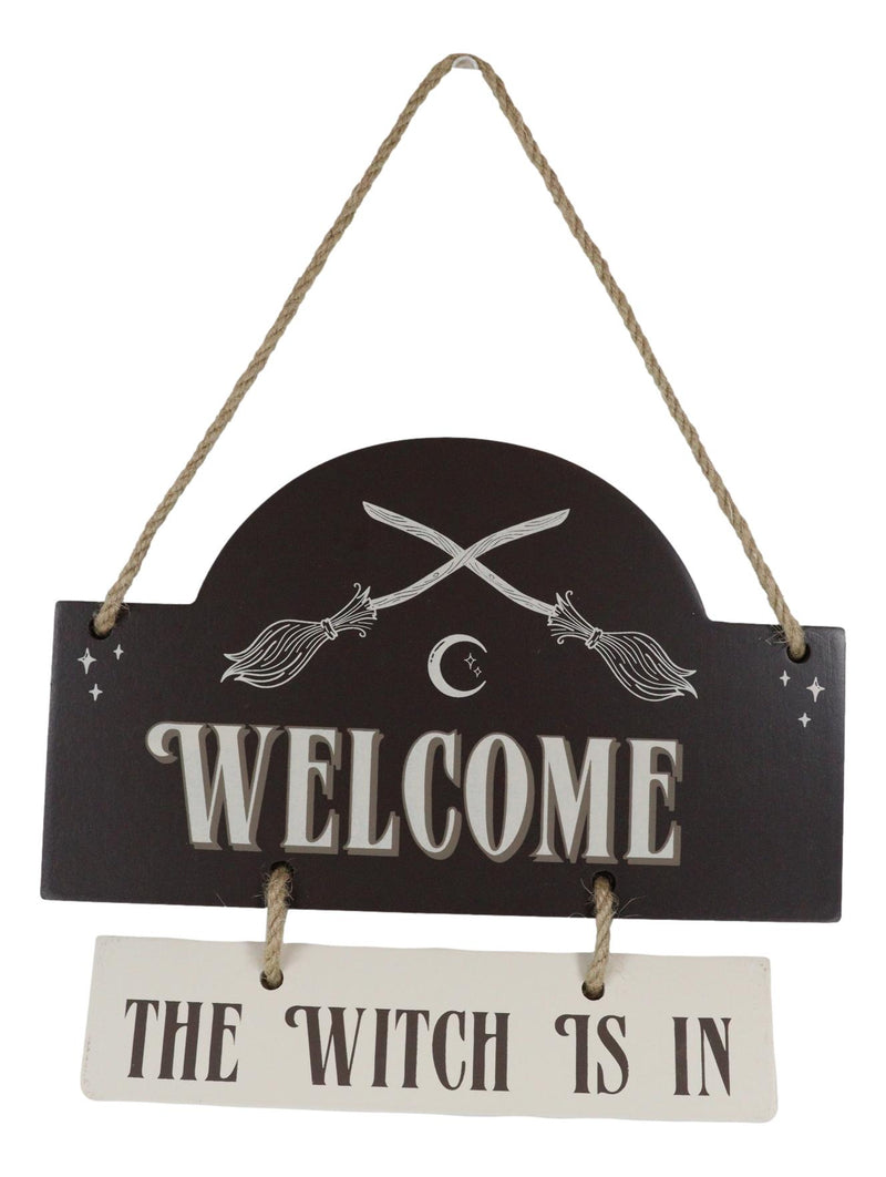 Witchcraft Welcome The Witch is in Crossed Broomsticks Wooden Wall Sign Decor