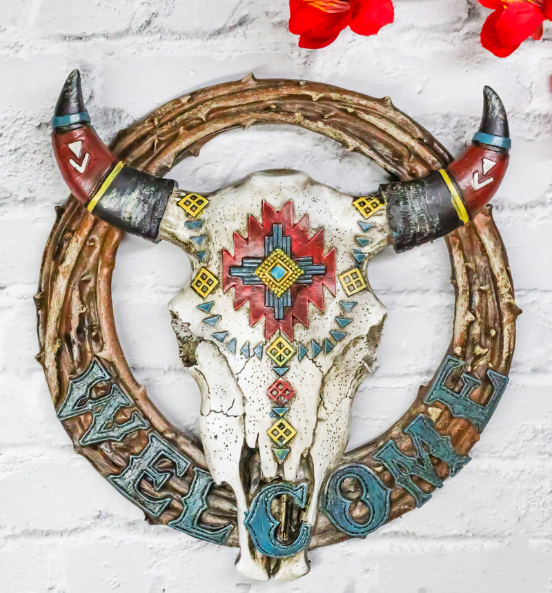 Native Indian Cow Skull with Colorful Navajo Vectors Welcome Wreath Wall Sign