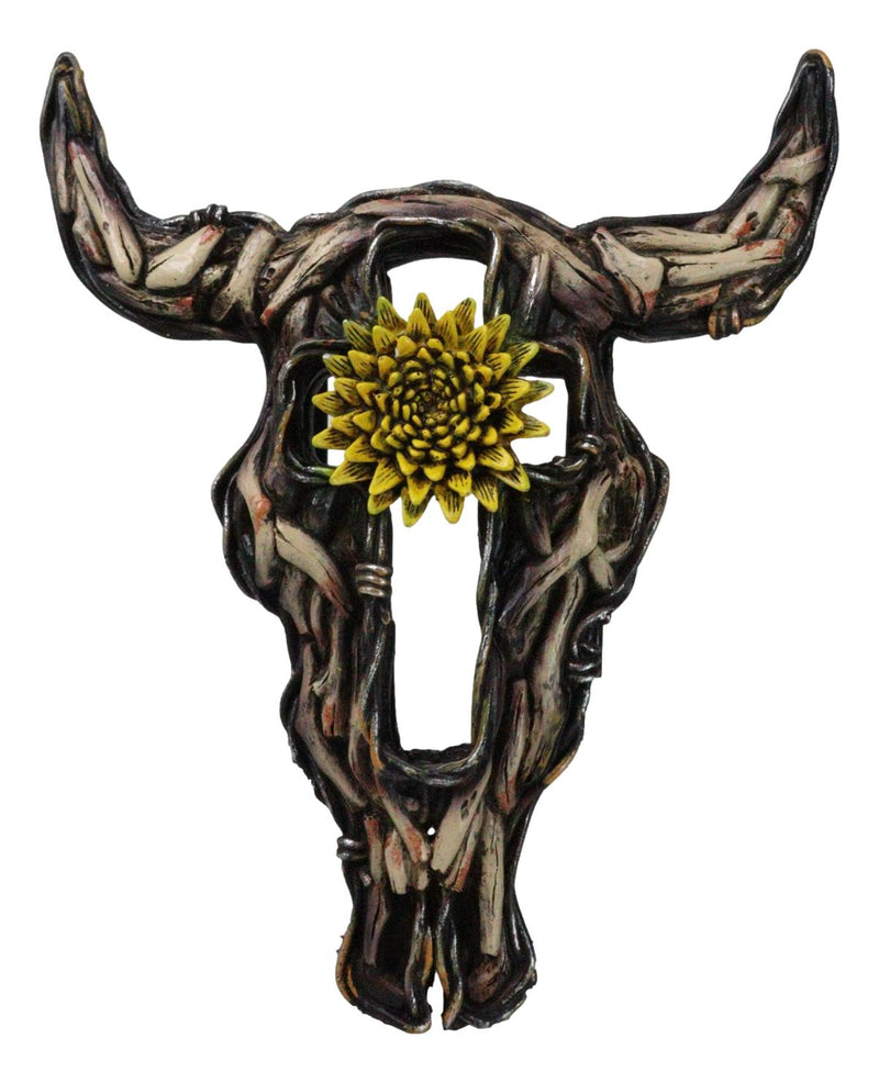 Rustic Buffalo Cow Skull With Yellow Flower And Cross Faux Wooden Wall Decor