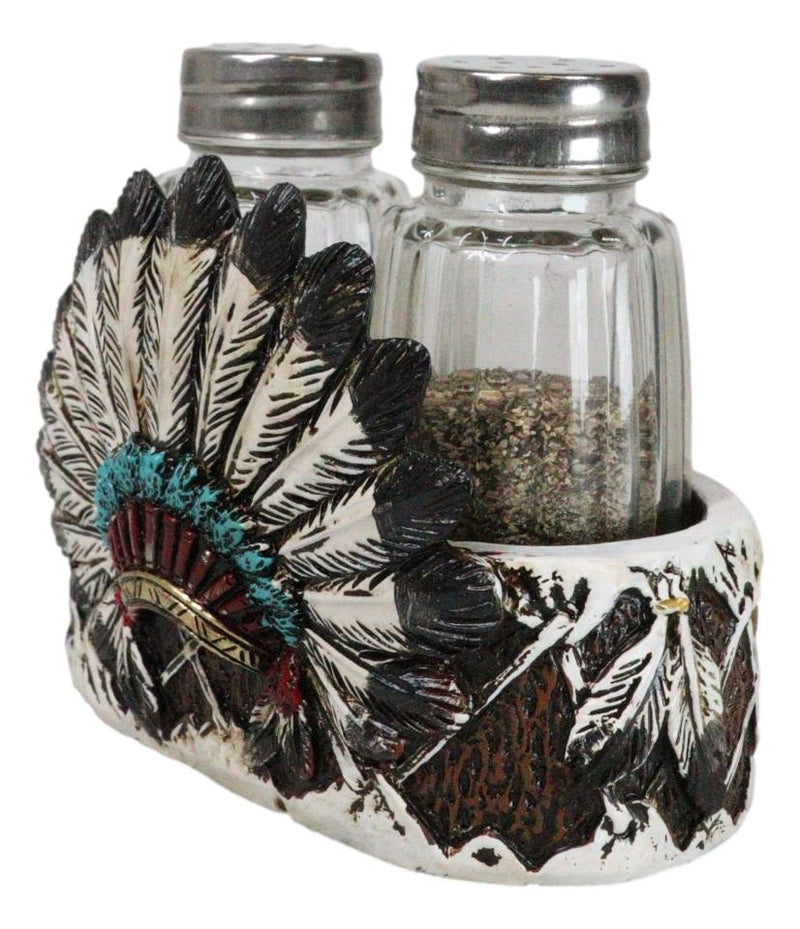 Tribal Indian Chief Headdress Bonnet Roach With Feathers Salt Pepper Shakers Set