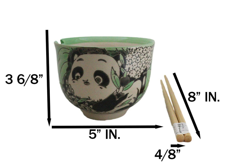 Green Lucky Panda With Flowers Ceramic Donburi Ramen Bowl With Chopsticks Set